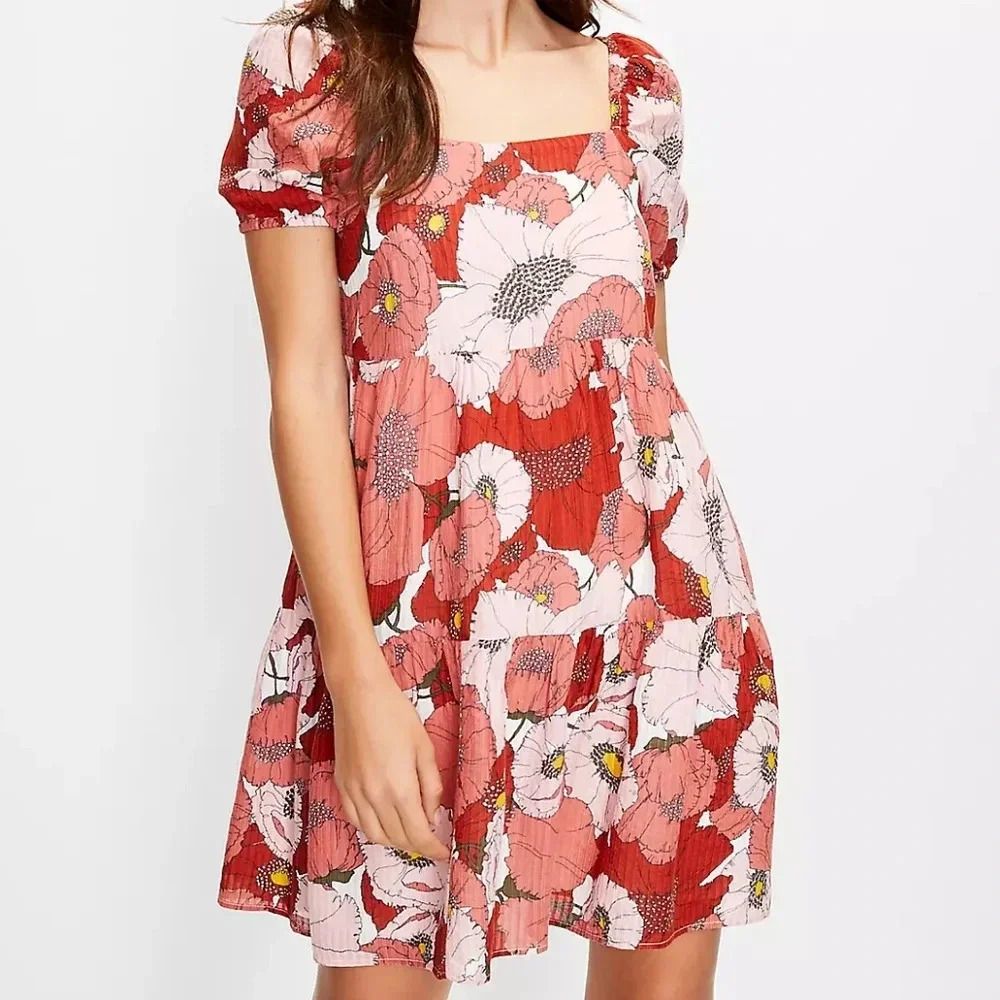 Loft Red Pink Floral Poppy Puff Sleeve‎ Tiered Mini Dress Size 2